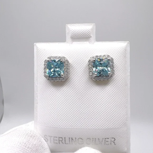 .925 Sterling Silver Halo Cushion Cut Simulated Aquamarine Cz Earrings - Picture 11 of 12
